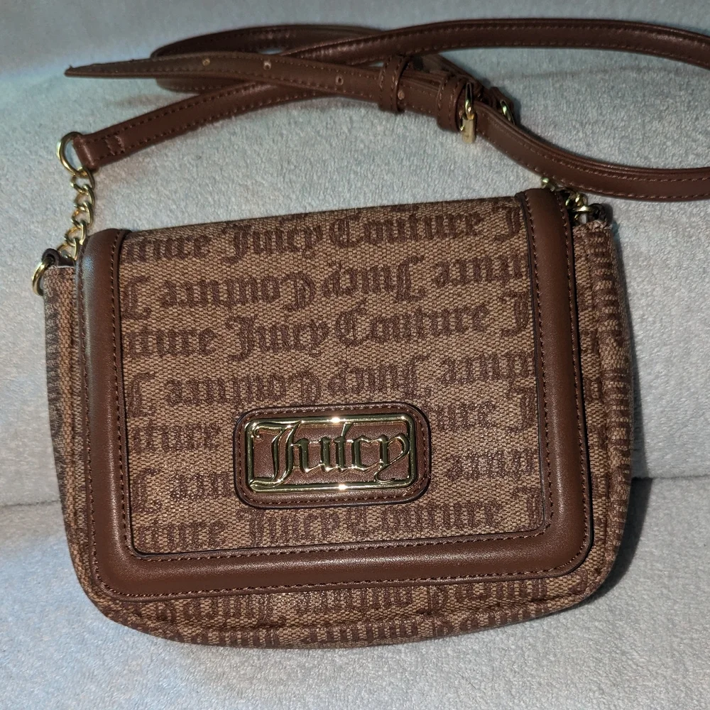 Juicy Couture  Gothic Logo Chestnut Chino statement flap crossbody bag.